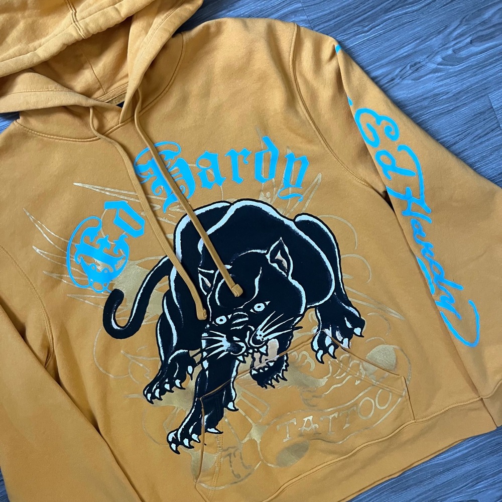 Ed Hardy Men Yellow Panther Tattoo Graphic Hoodie EHM130055 Large Y2K Streetwear - Picture 3 of 7